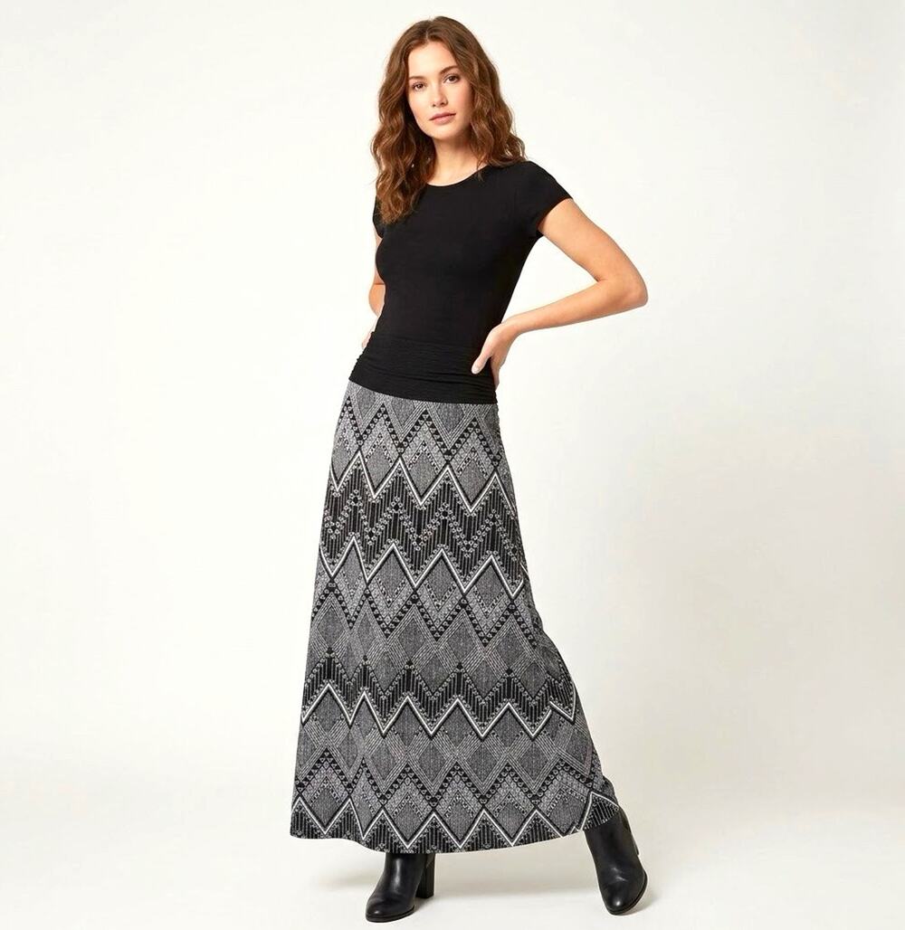 Apt. 9 Black & White M Geometric Chevron Foldover Waist Maxi Skirt Tribal Boho